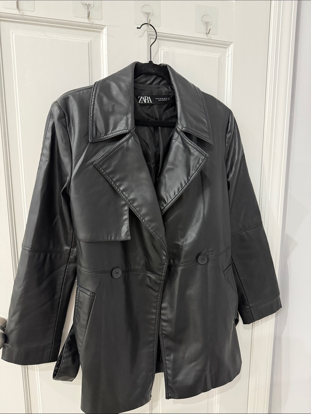 Zara Black Faux Leather Double-Breasted Trench Coat